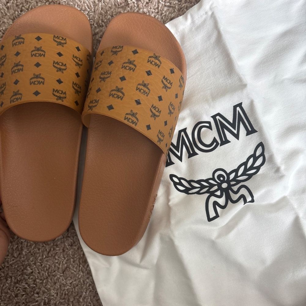 MCM Tan Logo Slide Sandals